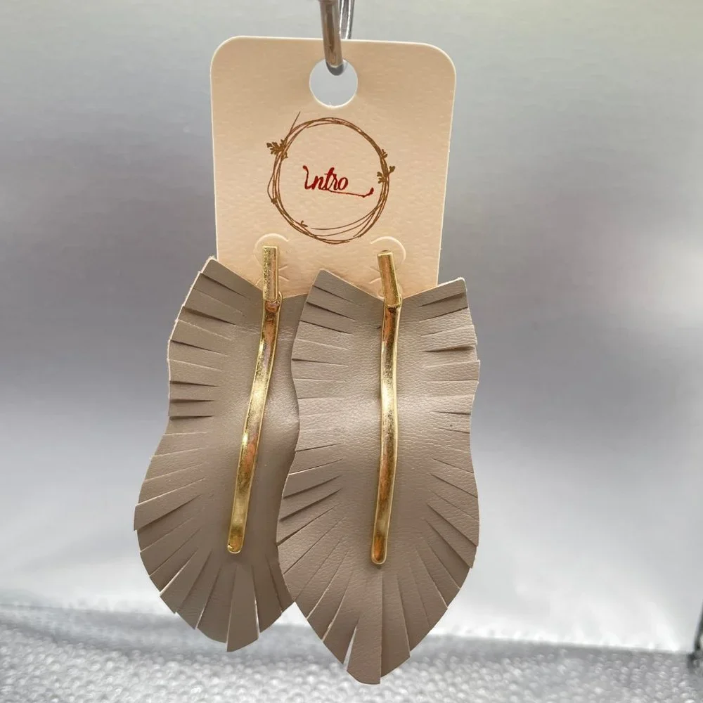New! Leather Leaf Fringe Drop Earrings in Taupe - Picture 3 of 4